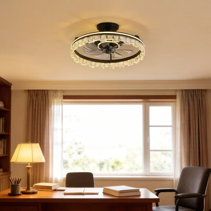Light Luxury Crystal Ceiling Fan Light LED Dimmable Silent Flush Mount Fan Lamp for Bedroom Balcony