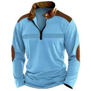 Nouveau <span class=keywords><strong>polo</strong></span> pour homme à col montant, manches longues, couleur unie, tendance, rayé, décontracté, patchwork, fermeture éclair - Product Image 4