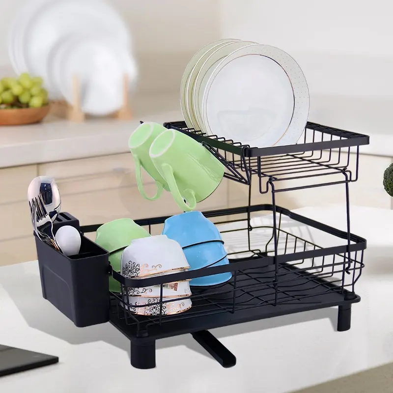kitchen counter dish 2 tier drainer rack plastic iron dish drying rack and cutlery cup holder with swivel spout