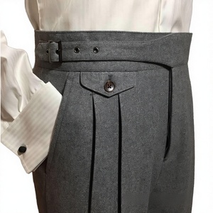 Pantalon en Laine Peignée Teinte en Pièce pour Homme, Coupe Droite Décontractée, Taille Mi-Haute, Plissé sur le Devant, Style Anglais, Vente en Gros - Product Image 3