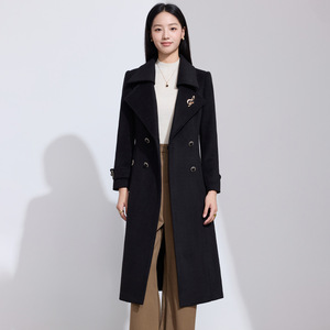 Women's Wool <b>Coat</b> Mid Length Double Breasted With <b>Belt</b> Solid Color Autumn Winter Woven Fabric - Product Image 4