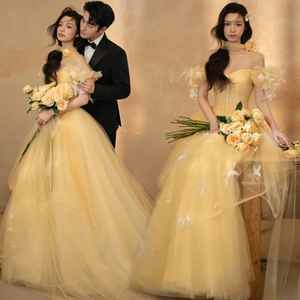 Off Shoulder Beige Tulle Wedding Dress Empire Waist Ball Gown Sweetheart Neckline Vintage Style For Photography - Product Image 1