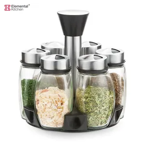 Terbaik Jual EK Bulat 6 Toples Rak Bumbu Set dengan Lazy Susan untuk Dapur Bumbu Botol Kaca 120Ml dengan Tutup Stainless Steel