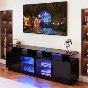Soporte de TV negro de 70 pulgadas para sala de estar, centro de entretenimiento LED, consola moderna para juegos, puerta de vidrio transparente ajustable - Product Image 2