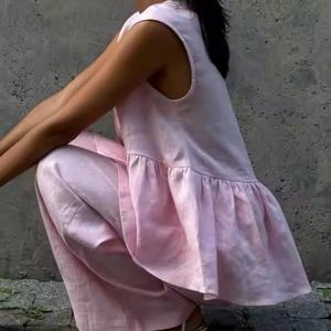 Conjunto de Ropa de Lino Cómoda de Alta Calidad a Bajo Precio 2025, Top Corto Informal Rosa de Algodón para Mujer, Pantalones Cortos de Lino con Cintura Elástica - Product Image 5