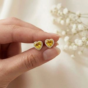 Handcrafted Lemon Quartz Heart <b>Stud</b> <b>Earrings</b> With CZ Halo Natural Yellow Gemstone In 925 Sterling <b>Silver</b> Or 18K Gold Filled - Product Image 4