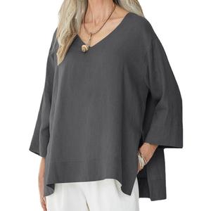 Camiseta informal de verano para mujer, estilo europeo y americano, con cuello en V, de algodón y lino, con mangas tres cuartos y corte holgado. - Product Image 2