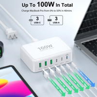 Chargeur multi-ports 100W GaN en gros avec prises AU/US/UK/JP/EU, chargeur rapide 3A3C avec certificat UKCA pour ordinateur portable/téléphone