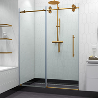 Porte de douche coulissante à 1 panneau en verre transparent avec quincaillerie dorée pour salle de bain
