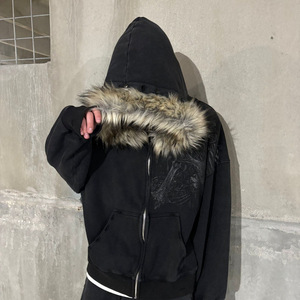 <span class=keywords><strong>Sudadera</strong></span> con capucha cálida estilo Y2K vintage para <span class=keywords><strong>hombre</strong></span>, con cuello de piel y <span class=keywords><strong>cremallera</strong></span>, estampado de calavera, moda de invierno - Product Image 6