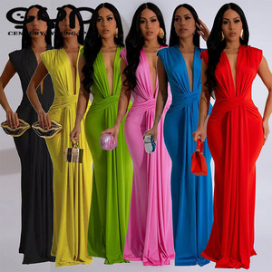 2024 nuevo verano Sexy vestido de cuello en V profundo Color sólido vestido sin mangas moda cintura alta vestido largo para mujeres - Product Image 1