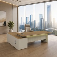 Scrivania da Ufficio a L con Gambe Curve in Acciaio, MDF E1 Termoformato, Barra Luminosa a LED, Tavolo Direzionale con Cassetto Portacavi con Serratura a Codice