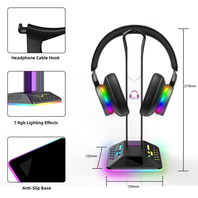 RGB LED Glowing Headset Stand Desktop Gaming Headphone Holder with USB Port Colorful Light Display for Gamer Headset Gift