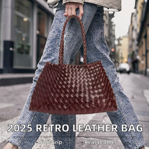 Bolso de Mano de Cuero Genuino para Mujer, Estilo Retro de Alta Gama 2025, Tejido a Mano, Forma de Cesta, Moderno - Product Image 2