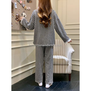 Pyjamas pour femmes, décontractés, printemps automne, doux, imprimé à carreaux, bordure en dentelle, vêtements de nuit amples et respirants, chemises de nuit OEM - Product Image 4