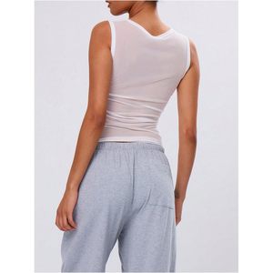 Top de malla transparente para mujer, cuello redondo, sin mangas, ajustado, transpirable, fruncido, de punto - Product Image 5