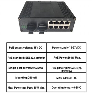 מתג תעשייתי מחוספס עם 8 יציאות + 2xSC POE Gigabit Ethernet |   12-57 וולט זרם ישר |   לא מנוהל |   פס דין-רייל |   20 ג'יגה-ביט לשנייה |   CE FCC - Product Image 3