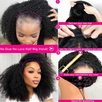 Perruque mi-tête en cheveux humains bouclés afro birmans, sans colle, avec cordon de serrage et clips discrets, idéale pour les débutantes