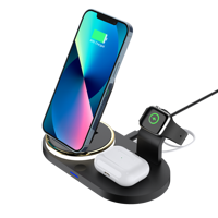 Support de chargeur sans fil pliable 5 en 1 15W pour téléphone, montre, écouteurs avec sortie USB et veilleuse LED pour chambre et voyage