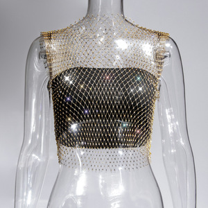 Débardeur sexy en <span class=keywords><strong>maille</strong></span> transparente pour <span class=keywords><strong>femme</strong></span>, orné de strass brillants, style résille ajourée, crop top, idéal pour la plage, les soirées et les clubs - Product Image 3