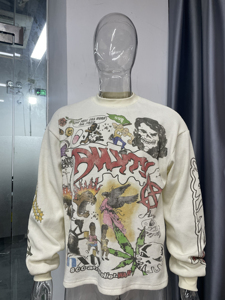 เสื้อยืดโออีเอ็มแขนยาวพิมพ์ลายสไตล์วินเทจแบบสตรีท DTG ของ GuangZhou Shangshang ผ้าวาฟเฟิลเนื้อหนา คอโอเวอร์ไซส์ - Product Image 1