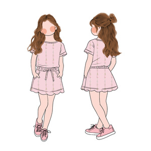 Conjunto de 2 Piezas para Niñas, Blusa de Manga Corta con Estampado Floral y Falda con Bolsillo y Dobladillo Festoneado, Atuendo Moderno - Product Image 3