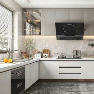 Gabinete de Cocina de Madera de Roble de Lujo con Acabado de Puerta de Piedra de Cuarzo en Colores Personalizables Color Teca para Organizar Utensilios de Cocina - Product Image 1