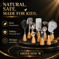 Ensemble de 12 outils de cuisine Montessori pour tout-petits et enfants, en acier inoxydable 304 de qualité alimentaire, avec manche en bois de hêtre naturel écologique
