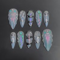 Fournisseur de faux ongles à presser de luxe faits à la main, 3D haute qualité, 10 pièces, style océan estival, forme amande et stiletto, vente en gros