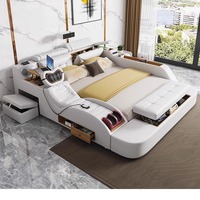 Cadre en bois minimaliste moderne Lit de massage en cuir Lit Tatami multifonctionnel avec rangement Grand projecteur double Export
