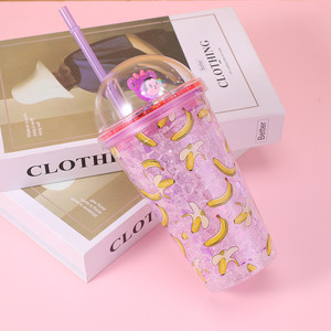 450ml Fresh Mixed Fruit Print Double Wall <b>Plastic</b> Tumbler with Straw Dome Lid Silver Glitter & Mini Cartoon Monkey Figurine - Product Image 3