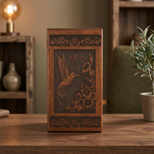 Urna Funeraria de Madera con Acabado Natural, Diseño Floral de Colibrí, Capacidad de 220 Pulgadas Cúbicas, Personalizable para Cenizas Humanas de Adultos - Product Image 3