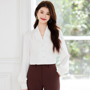 Women's Long Sleeve V Neck Shirt Solid Color Satin Office Wear Red - Product Image 3