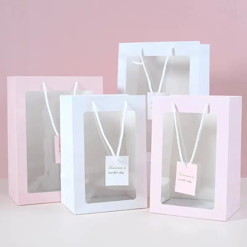 Clear Pvc Transparent Window Christmas Gift Flower Paper Carrier Bag Flower Doll Jewelry Gift Paper Bag With Handles