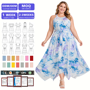 Vestido halter sin mangas con estampado floral y cintura con lazo, estilo maxi fluido para playa o vacaciones, personalizado ODM/OEM para tallas grandes. - Product Image 1