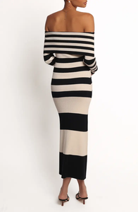 <strong>Black</strong> Beige Stripe Off Shoulder Ribbed Knit Maxi <strong>Dress</strong> Women <strong>Long</strong> <strong>Sleeve</strong> <strong>Bodycon</strong> Sweater <strong>Dress</strong> - Product Image 4