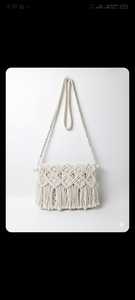 Bolso Bandolera de Macramé Blanco con Flecos y Borlas, Tejido a Mano, con Cremallera, Ligero, Ideal para la Playa, Color Sólido, Casual, para Viajes - Product Image 1
