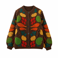 Cárdigan Oversize de Mujer Personalizado con Jacquard Floral 3D, Cuello Redondo con Volantes, Tejido Vintage para Invierno, OEM, Venta al por Mayor, Marca Privada, Pedido a Granel