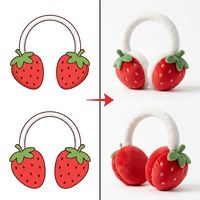 Bandeau chauffe-oreilles thermique en peluche douce et courbé, motif fraise Kawaii, broderie de baies à pois, motif fruit de dessin animé personnalisé, mascotte d'hiver