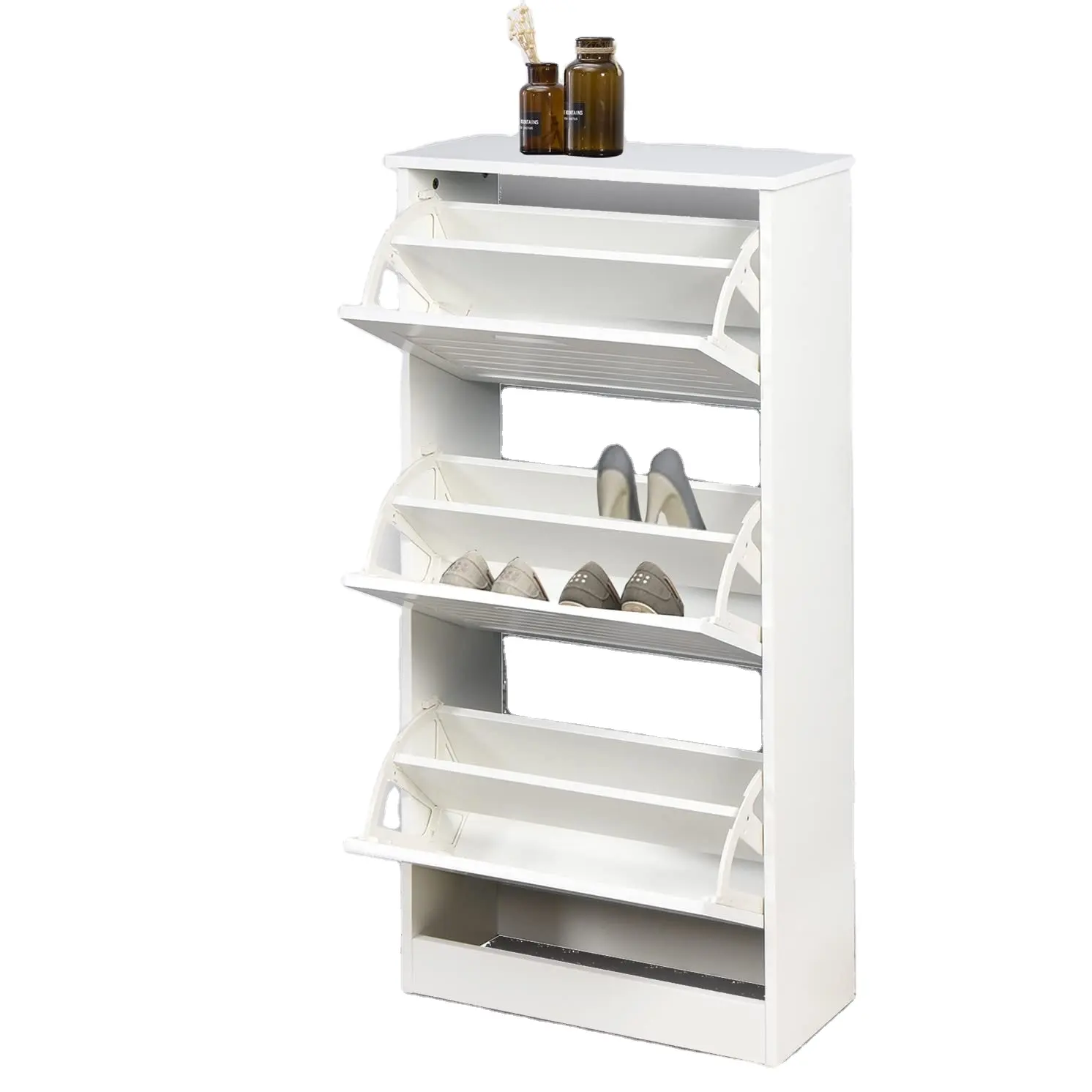 Shoe Cabinet with 3 Flip Down Storage Shelves Free-Standing Shoe Rack Compact Wood Shoe Storage Organizer