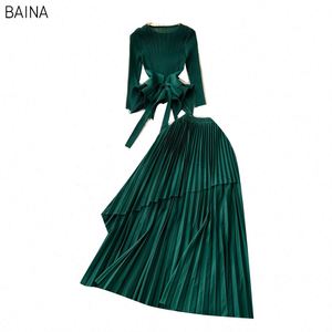 Nouveaux ensembles décontractés pour femmes, longueur midi, motif uni, tunique avec haut asymétrique, jupe plissée taille haute, design de vêtements américains - Product Image 5