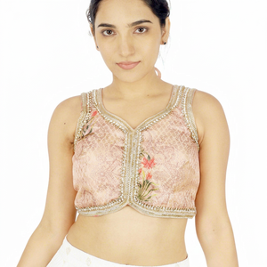 Blouse traditionnelle sans manches brodée pour femme, col fleuri, coupe courte avec logo frontal, idéale pour les tenues de soirée - Product Image 1