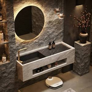 Meuble de salle de bain intelligent sur mesure avec miroir, vasque simple ou double intégrée en dalle de roche sans joint, style luxe léger - Product Image 4