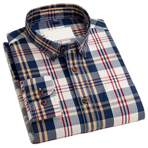 Heren Carbon Gemalen Wollen Geruit Overhemd Katoenen Lange Mouwen Casual Heren Shirt