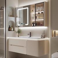 Meja Rias Persegi Panjang Pintar yang Dipasang di Dinding dengan Cermin Sensor Pintar LED, Kabinet Kamar Mandi Terintegrasi dengan Wastafel Keramik