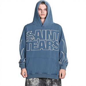 Sweat à capuche brodé Saint Tears pour homme, coupe oversize, streetwear, coton French Terry, bleu, logo au dos, poche, coupe classique, automne - Product Image 2