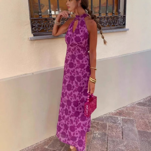 Robe longue à imprimé floral, col halter, taille naturelle, dos nu, respirante, robe de soirée - Product Image 4