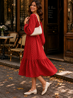 Nouvelle robe mi-longue décontractée pour femme, rouge à pois, col carré, manches longues, corsage smocké, jupe étagée en A