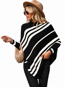 Pull en maille rayé à manches chauve-souris décontracté pour femmes, col rond, long, respirant, brodé, anti-froissement, polyester/<span class=keywords><strong>coton</strong></span> - Product Image 3