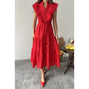 Robe mi-longue rouge à volants, taille naturelle, tissu respirant, pour femme - Product Image 2